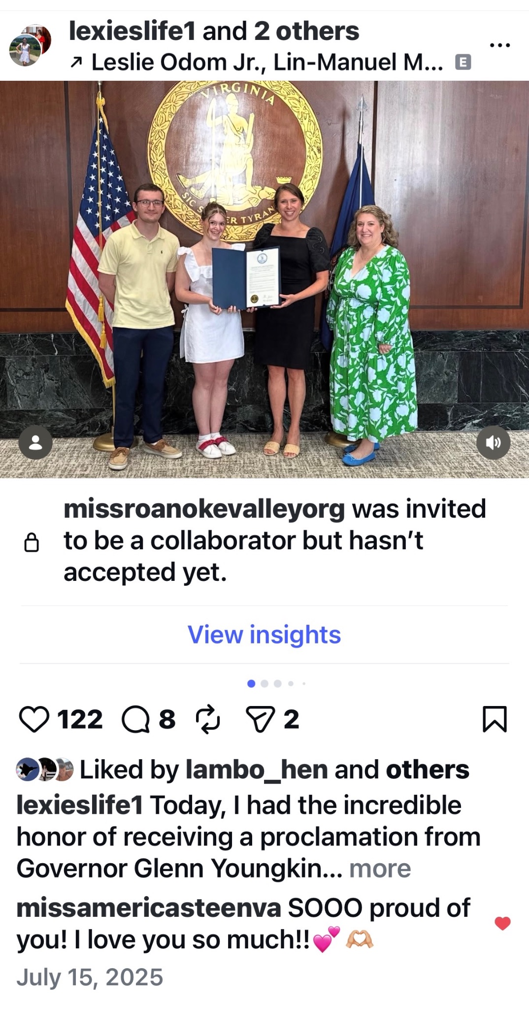 Lexie Hovey receiving a proclamation from Governor Glenn Youngkin at the Virginia State Capitol